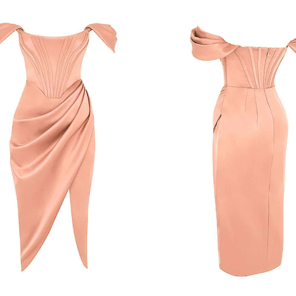House of CB ‘Loretta’ Blush Pink Satin Off Shoulder Corset Dress NWOT - Picture 4 of 10